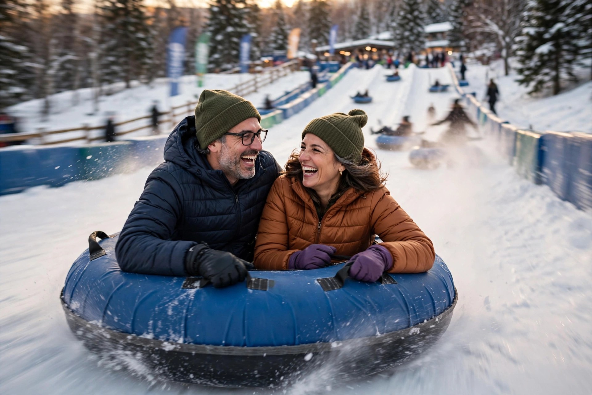 Mature couple snow tubing down a hill, laughing
