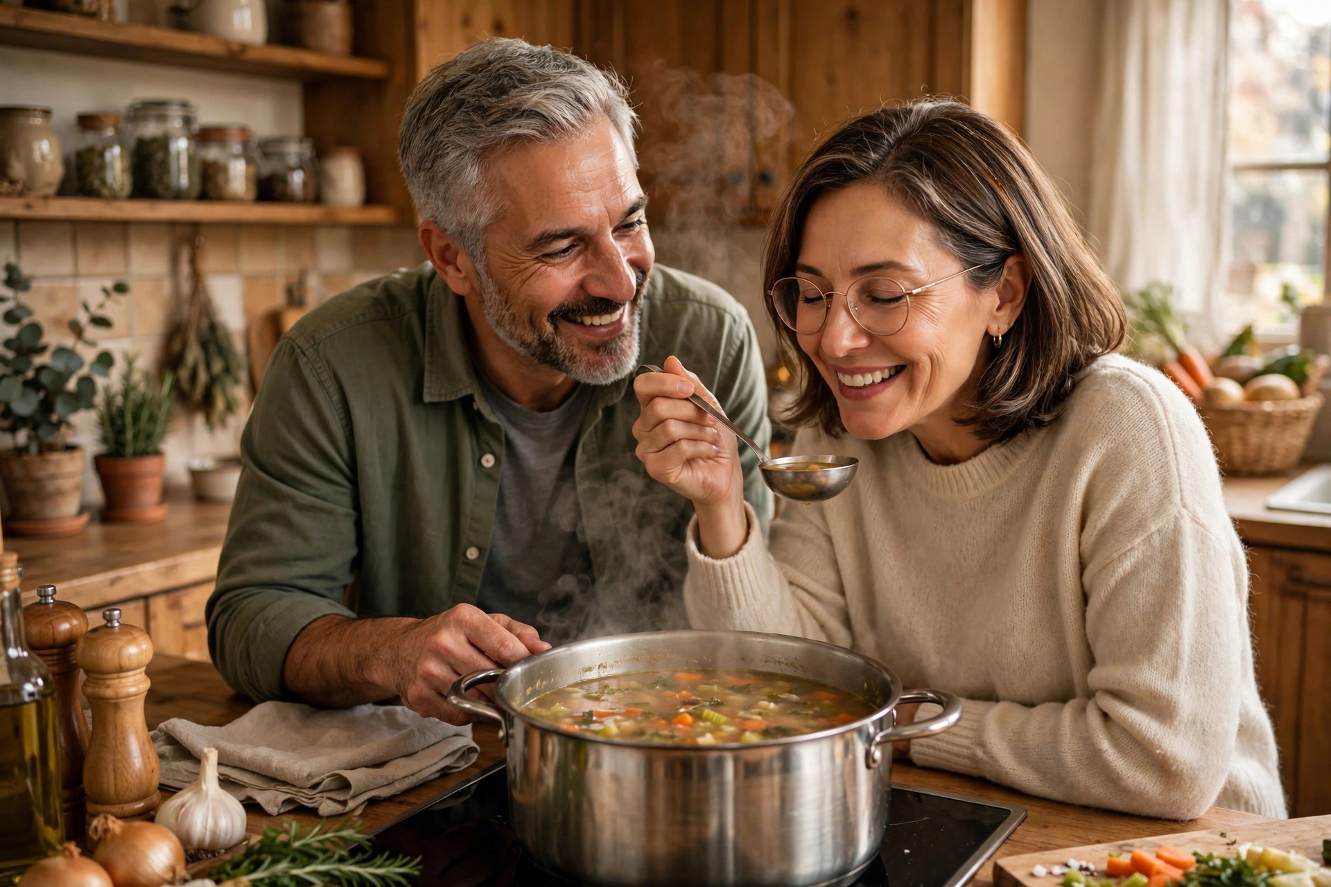 Mature couple cooking soup together in a cozy kitchen