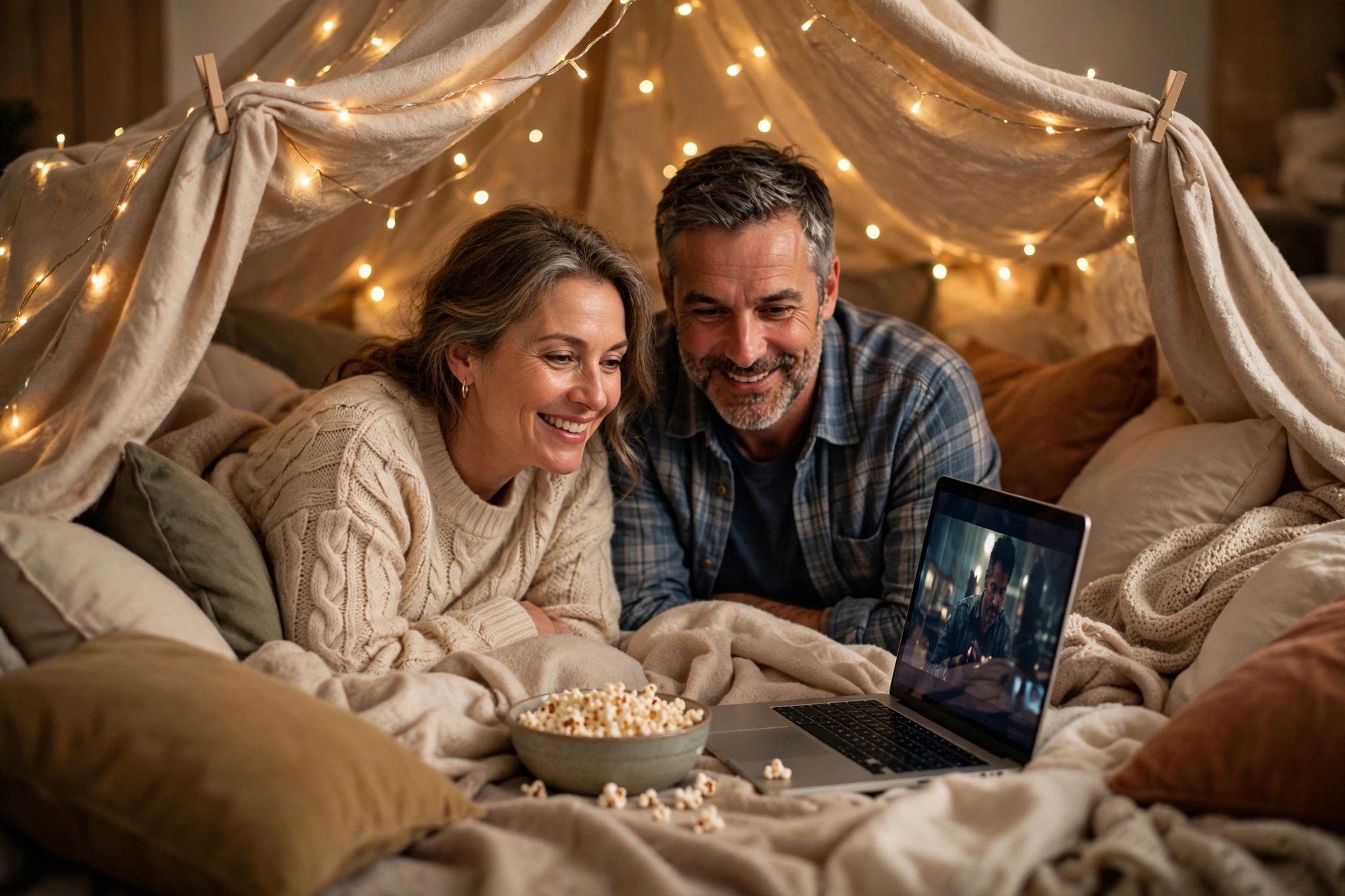 Mature couple in a blanket fort with fairy lights watching a movie