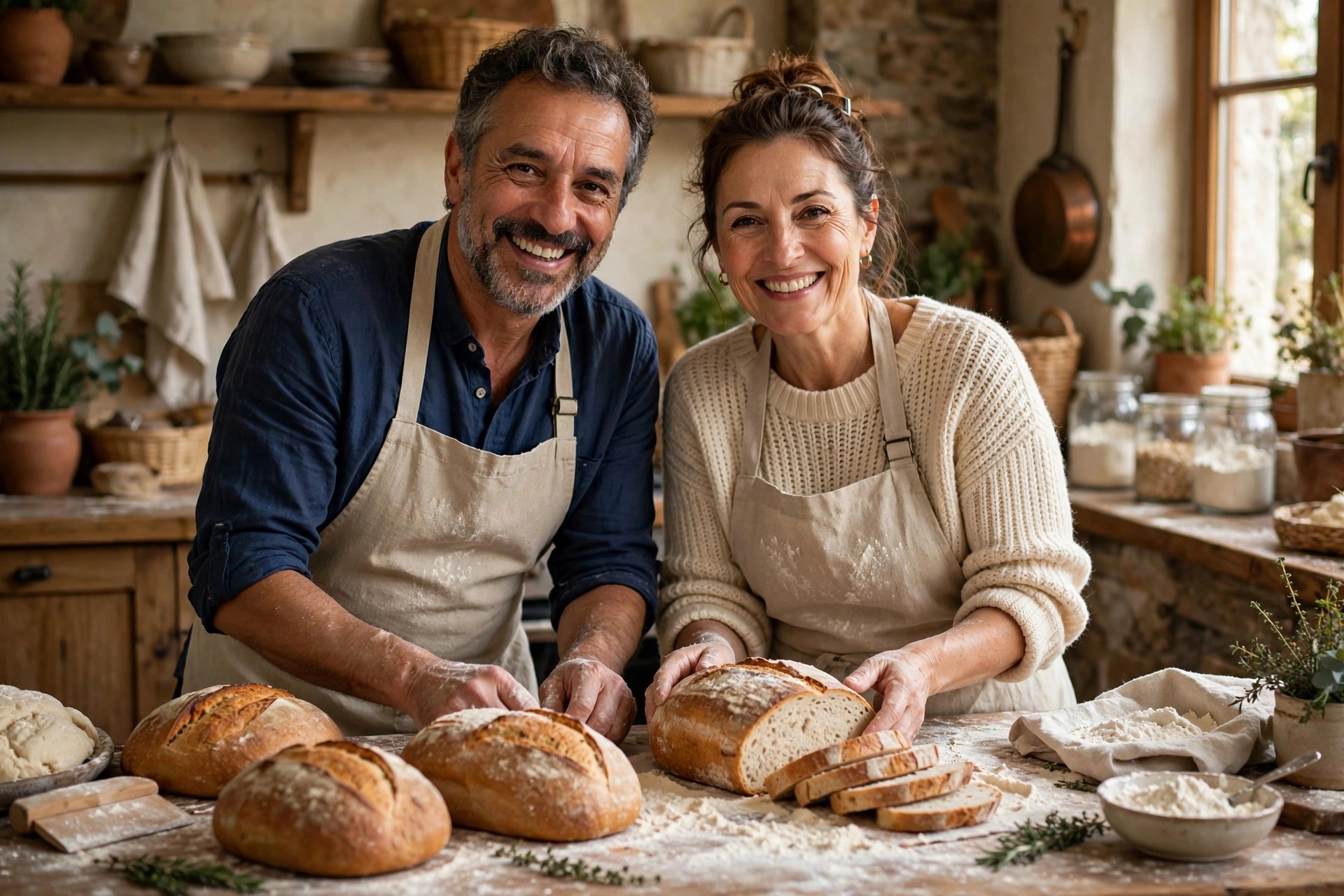 Mature couple baking bread together in a flour-dusted kitchen