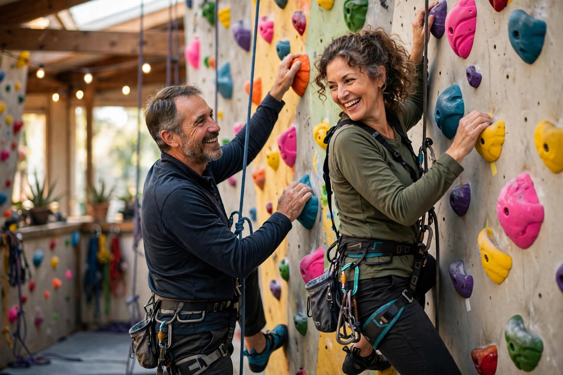 Mature couple indoor rock climbing, encouraging each other