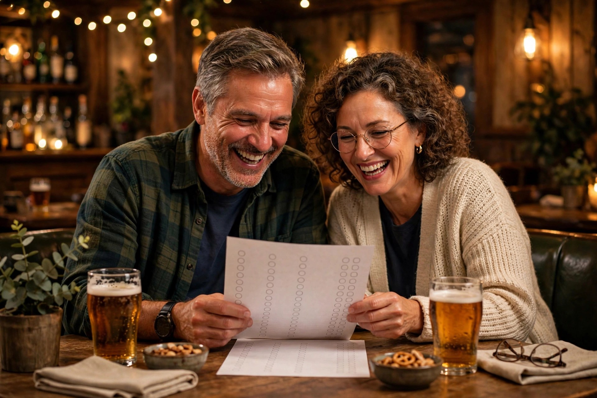 Mature couple at a pub trivia night with an answer sheet