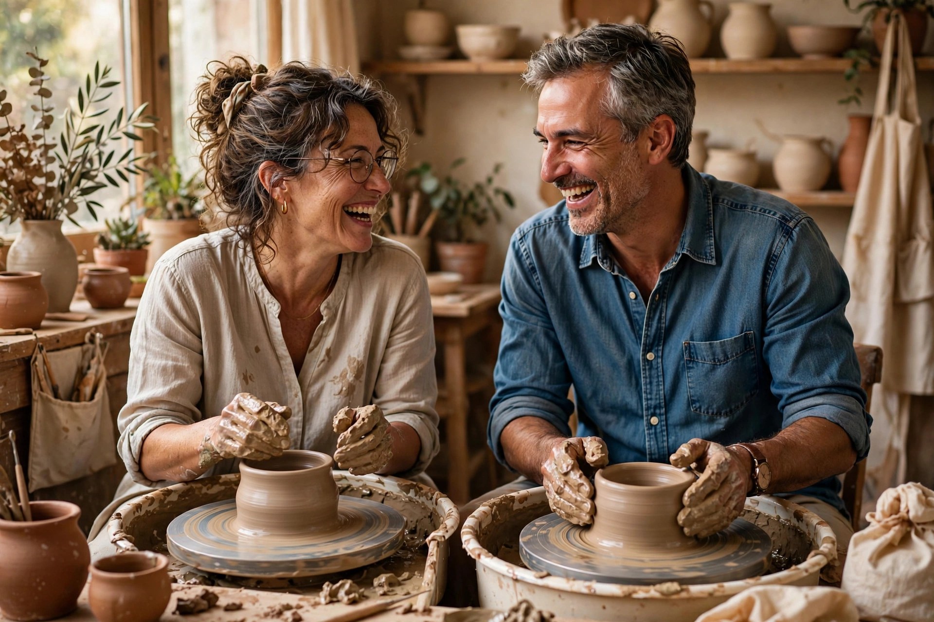 Mature couple making clay pots together at pottery wheels