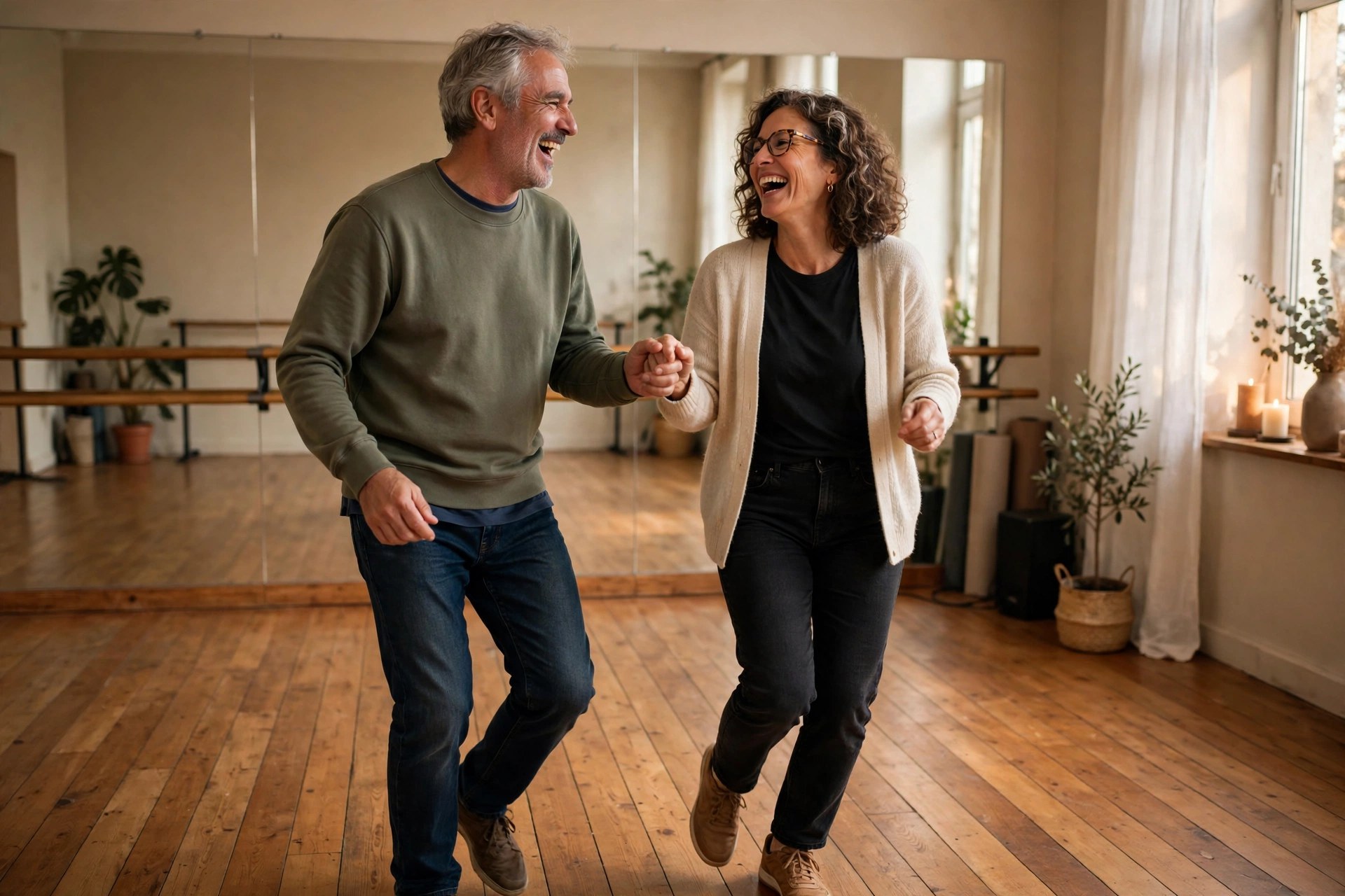 Mature couple learning to dance in a dance studio, laughing