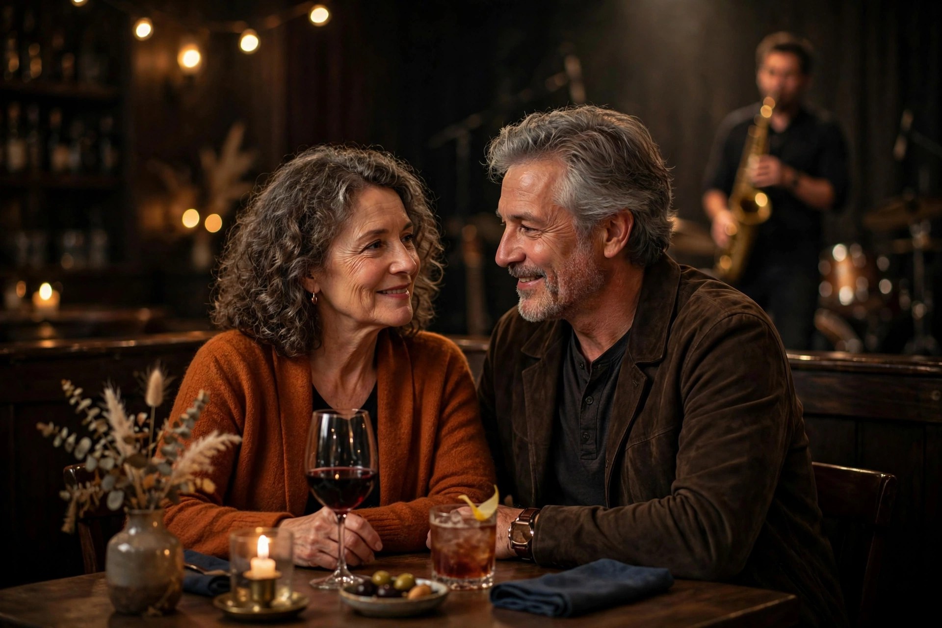 Mature couple at a jazz bar table with a saxophonist on stage