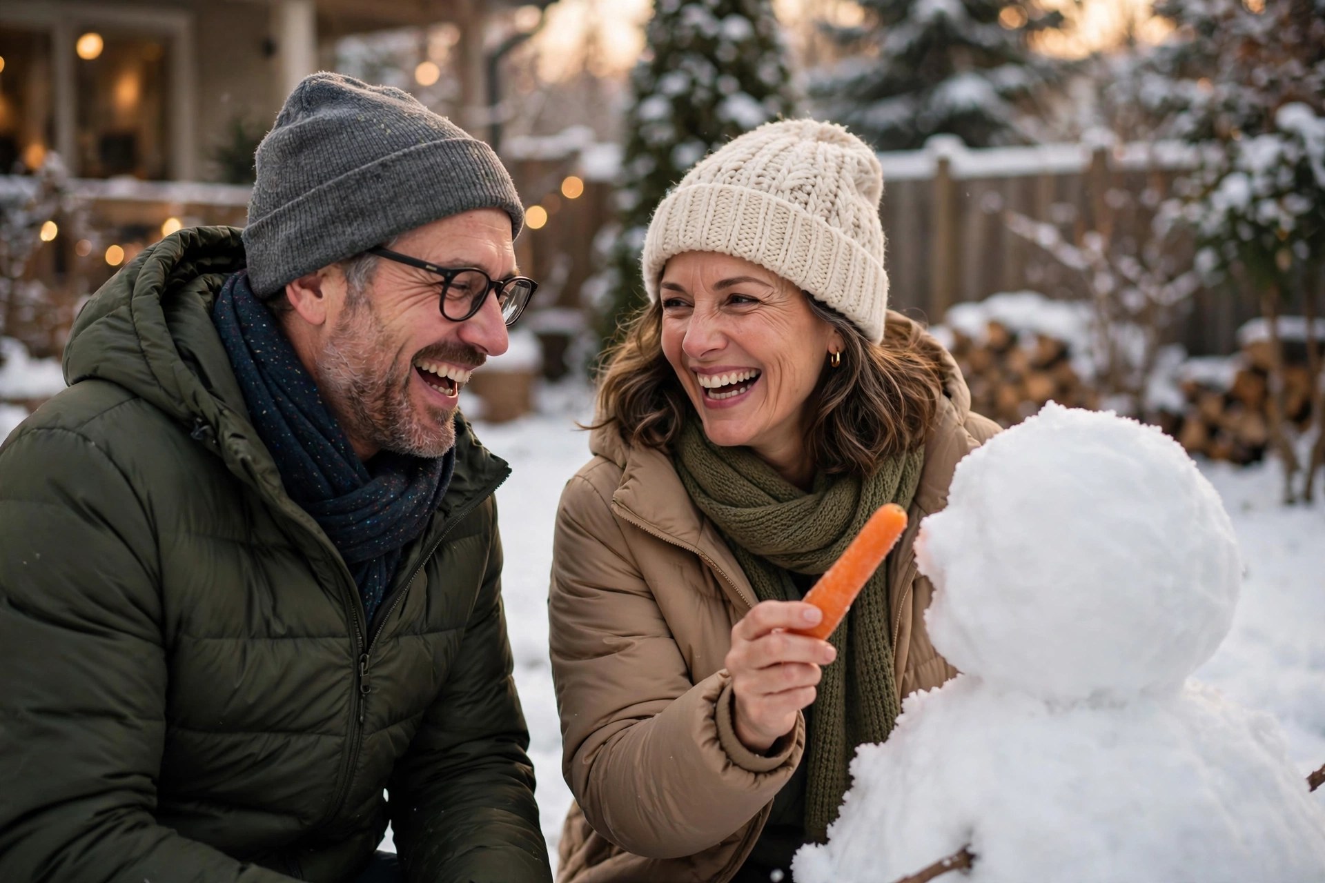 Mature couple building a snowman together in a snowy yard