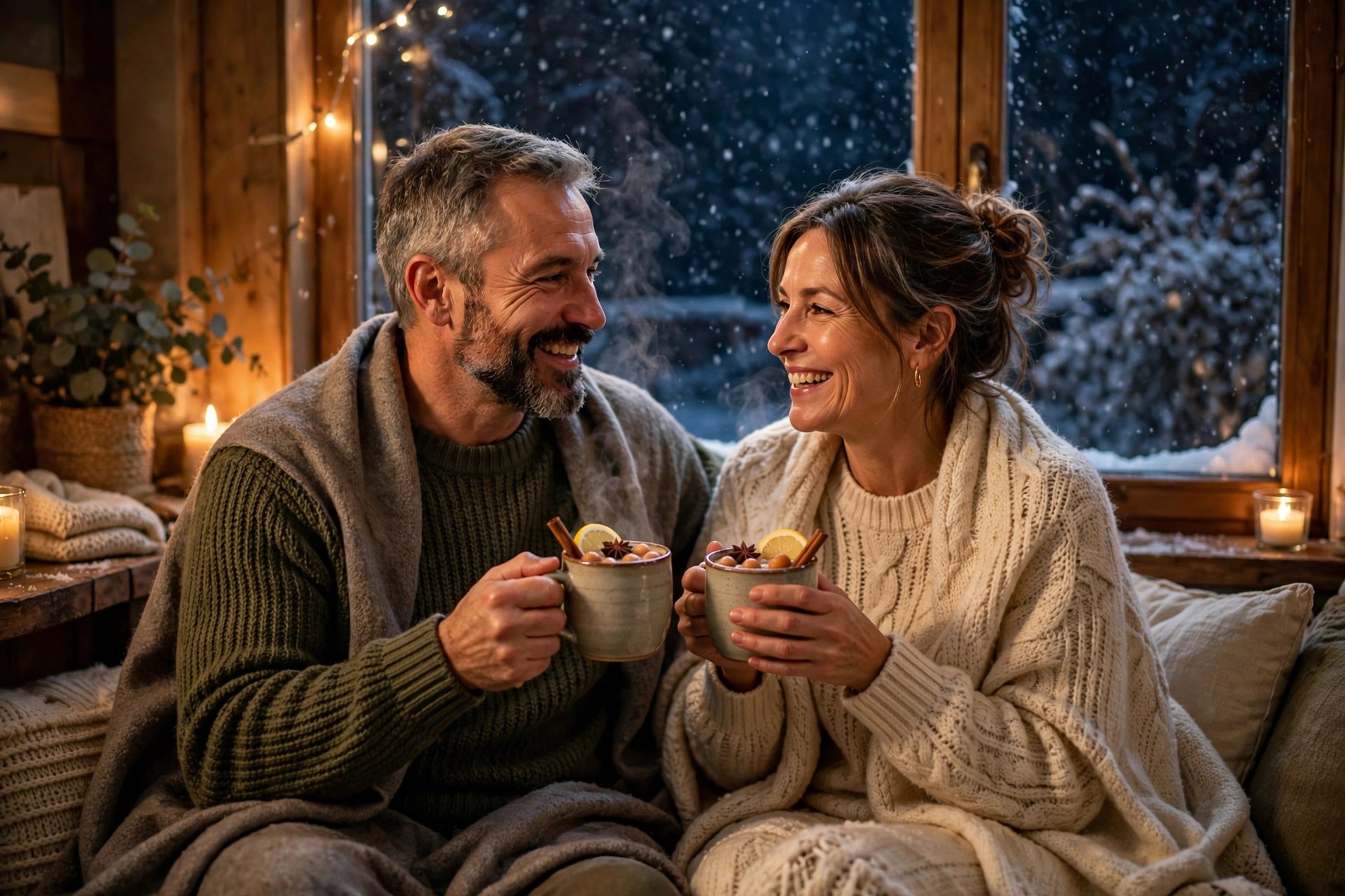 Mature couple tasting hot toddies by a snowy window at night