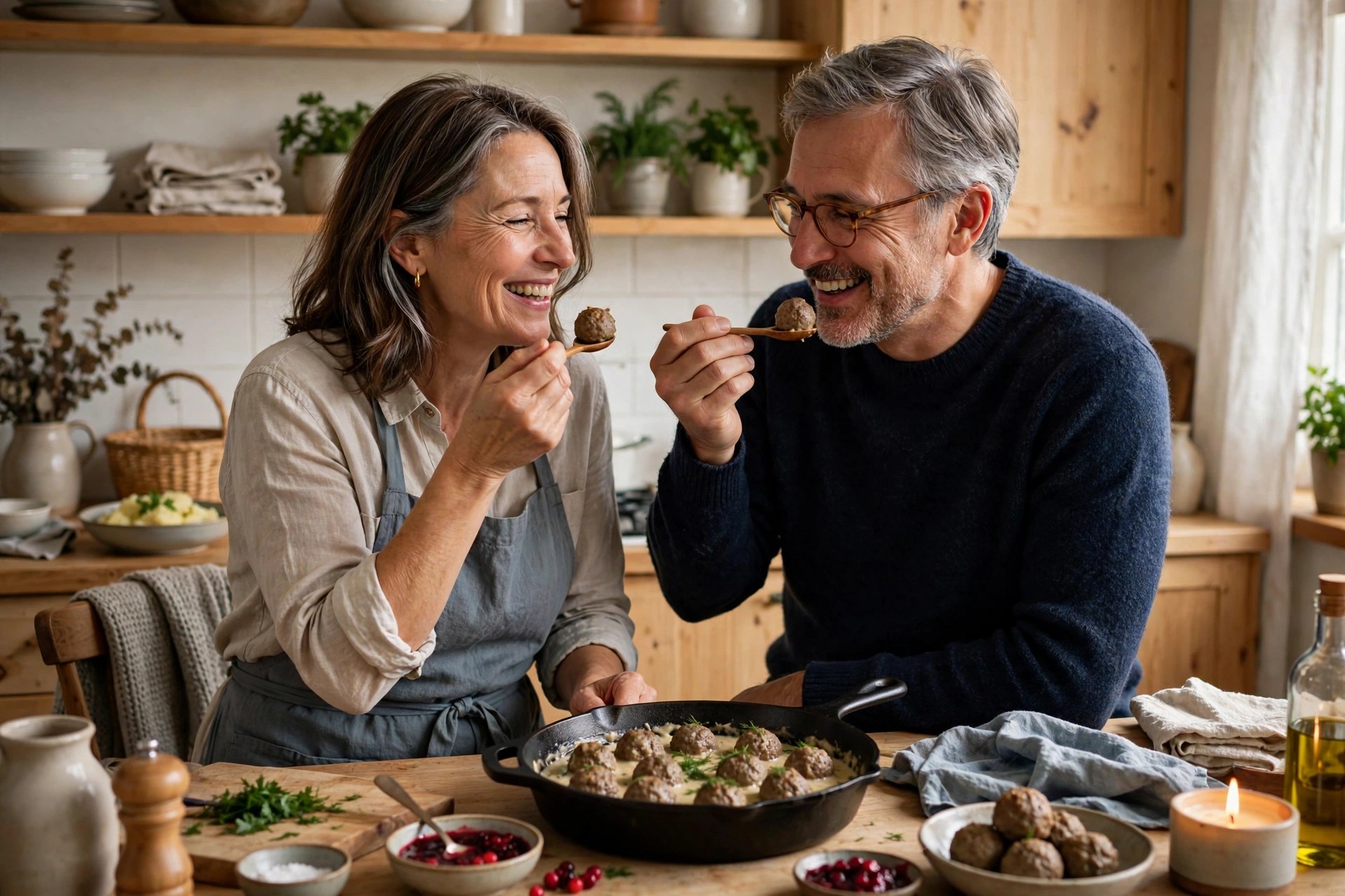 Mature couple cooking Swedish meatballs together in a cozy kitchen