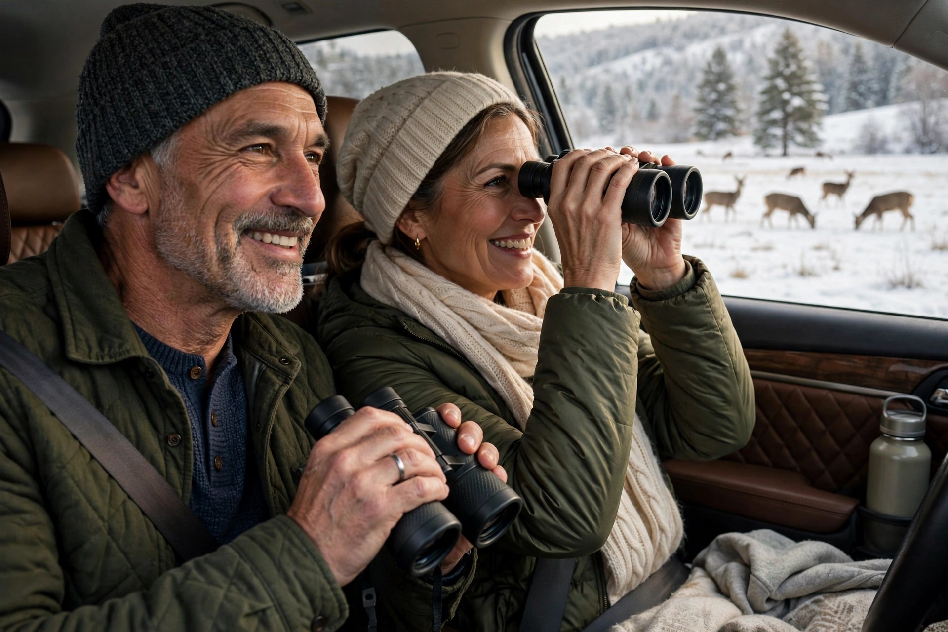 Mature couple watching deer in a snowy field through binoculars