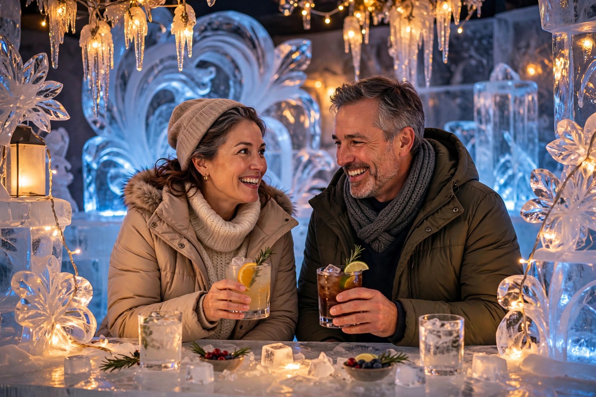 Mature couple with cocktails at an ice bar with ice sculptures