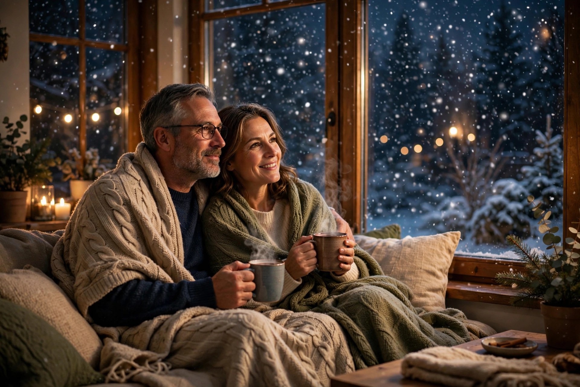 Mature couple watching the first snowfall through a big window at night
