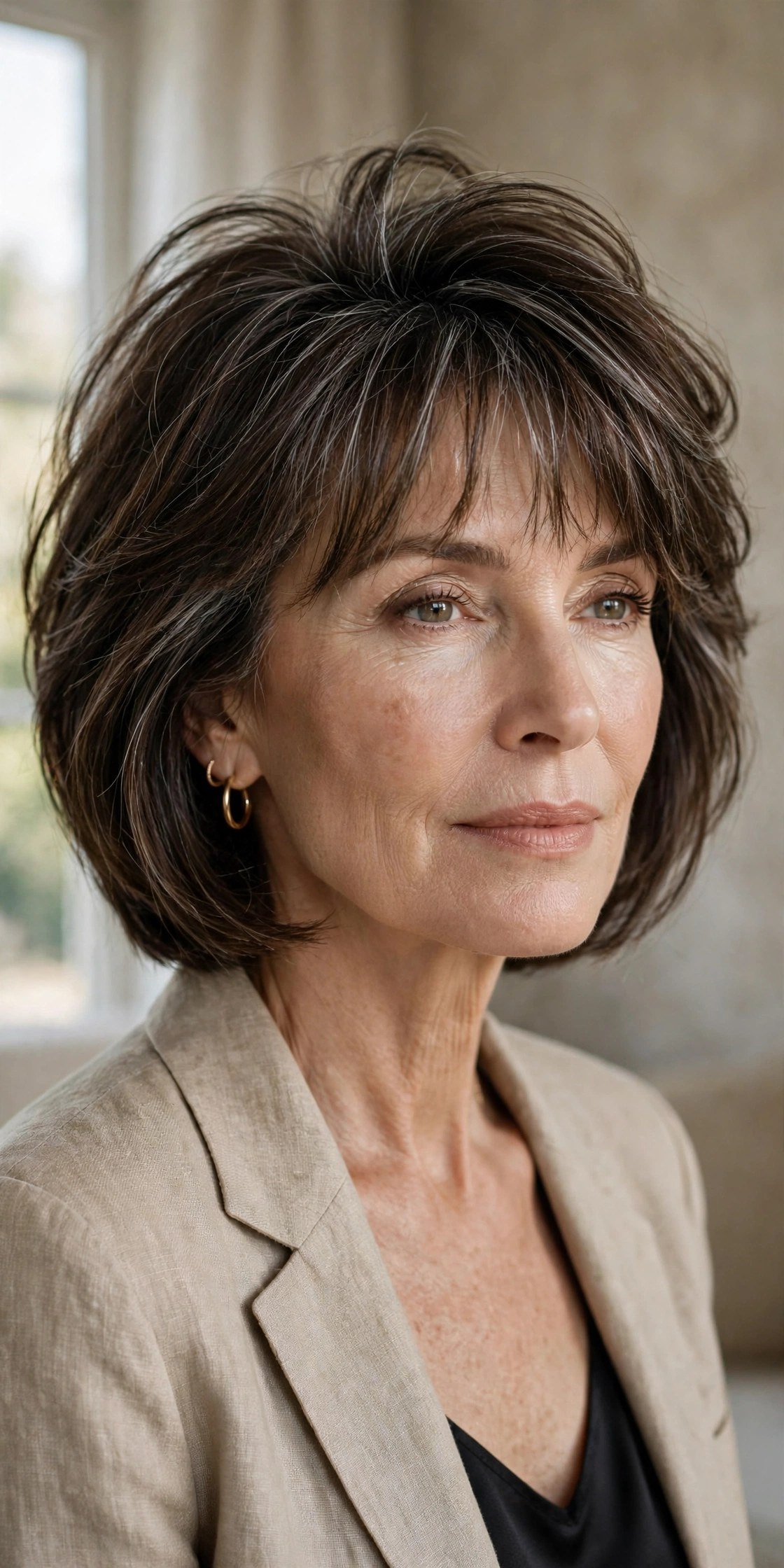 Layered bob with crown lift layers and wispy bangs for volume