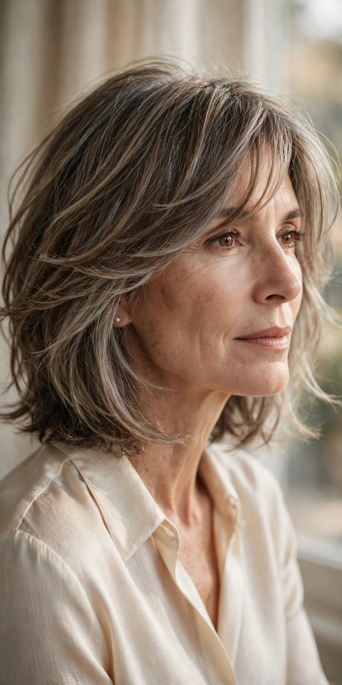 Feathered layered bob with side-swept bangs, soft face frame