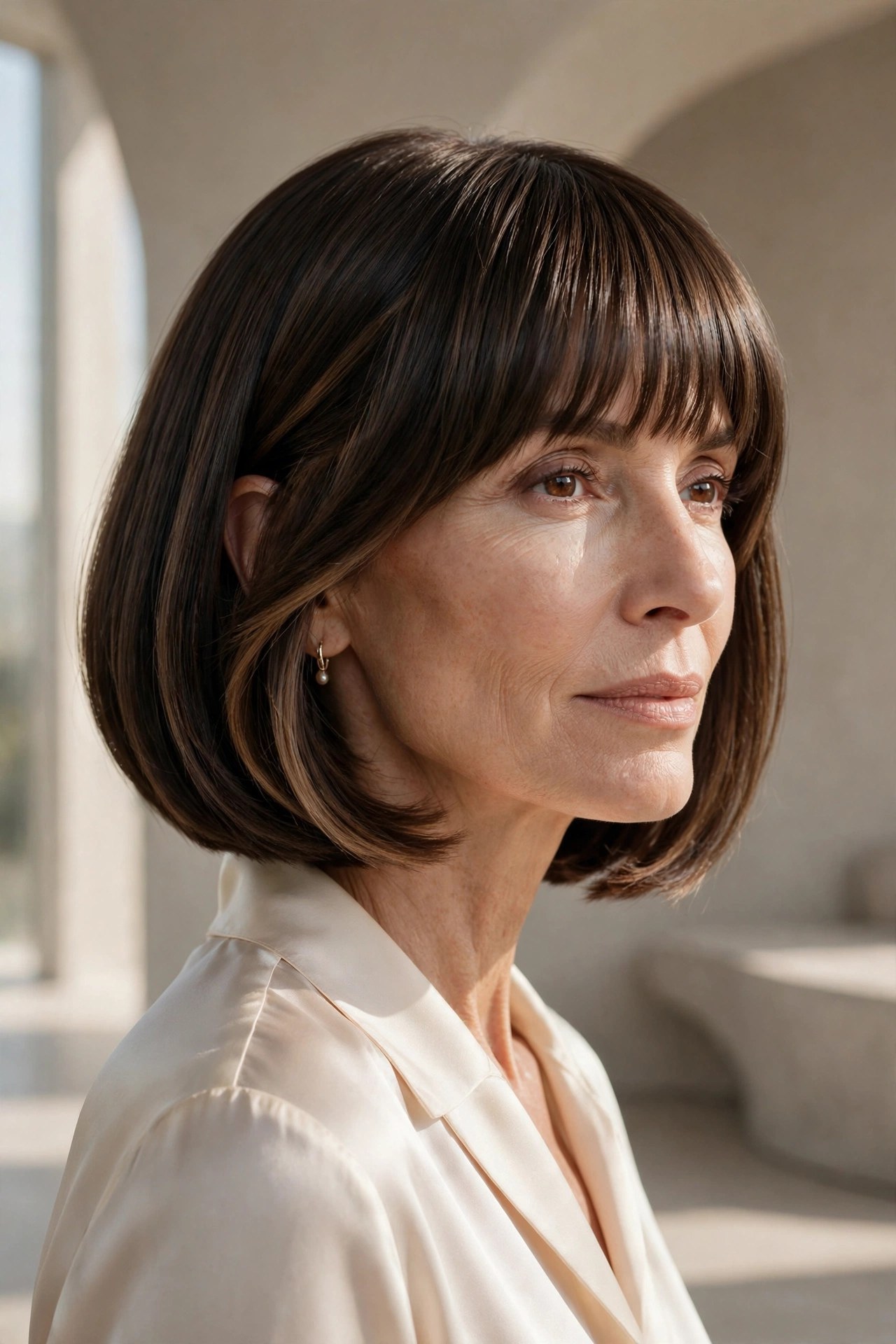 Sleek layered bob with hidden interior layers, polished bangs