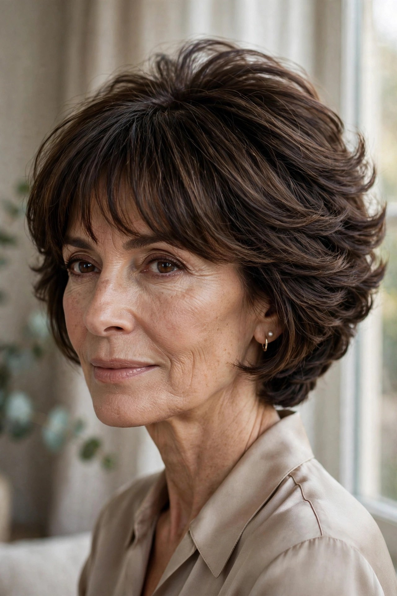 Stacked layered bob with tapered bangs, back volume