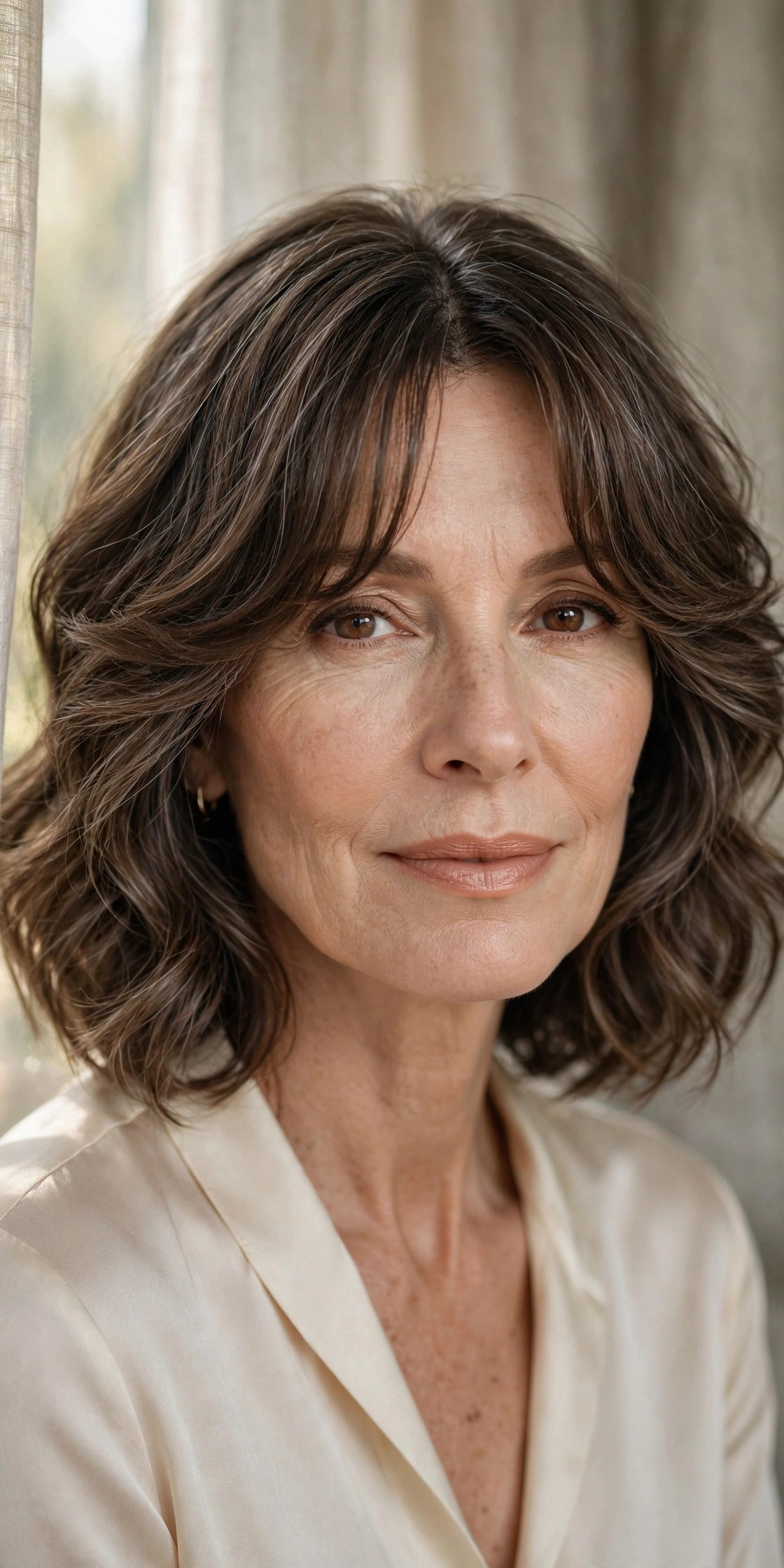 Wavy layered bob with center-parted curtain bangs