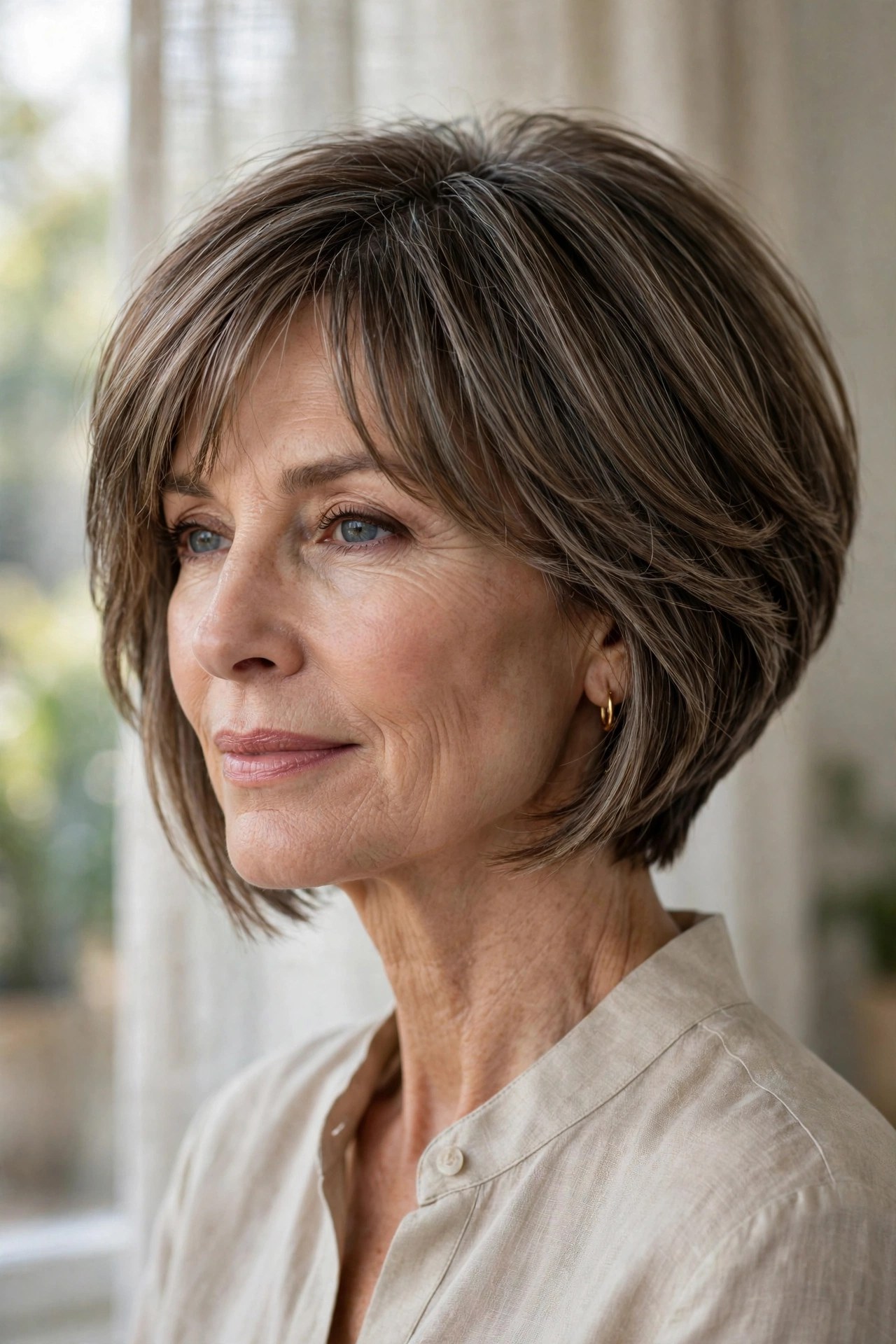 Graduated layered bob with feathered bangs, sloping shape
