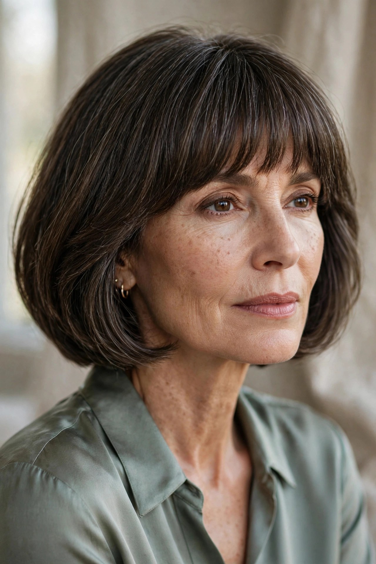 Rounded layered bob with full brow-skimming bangs