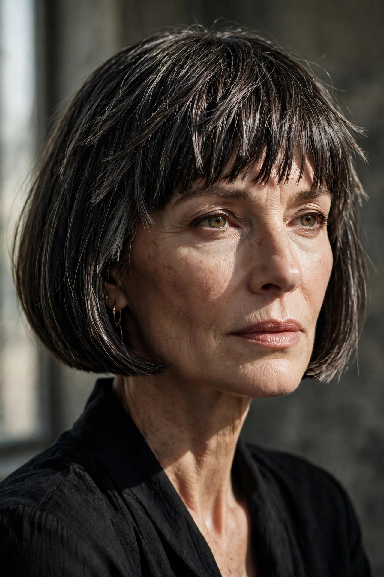 Blunt-edged layered bob with sharply razored bangs