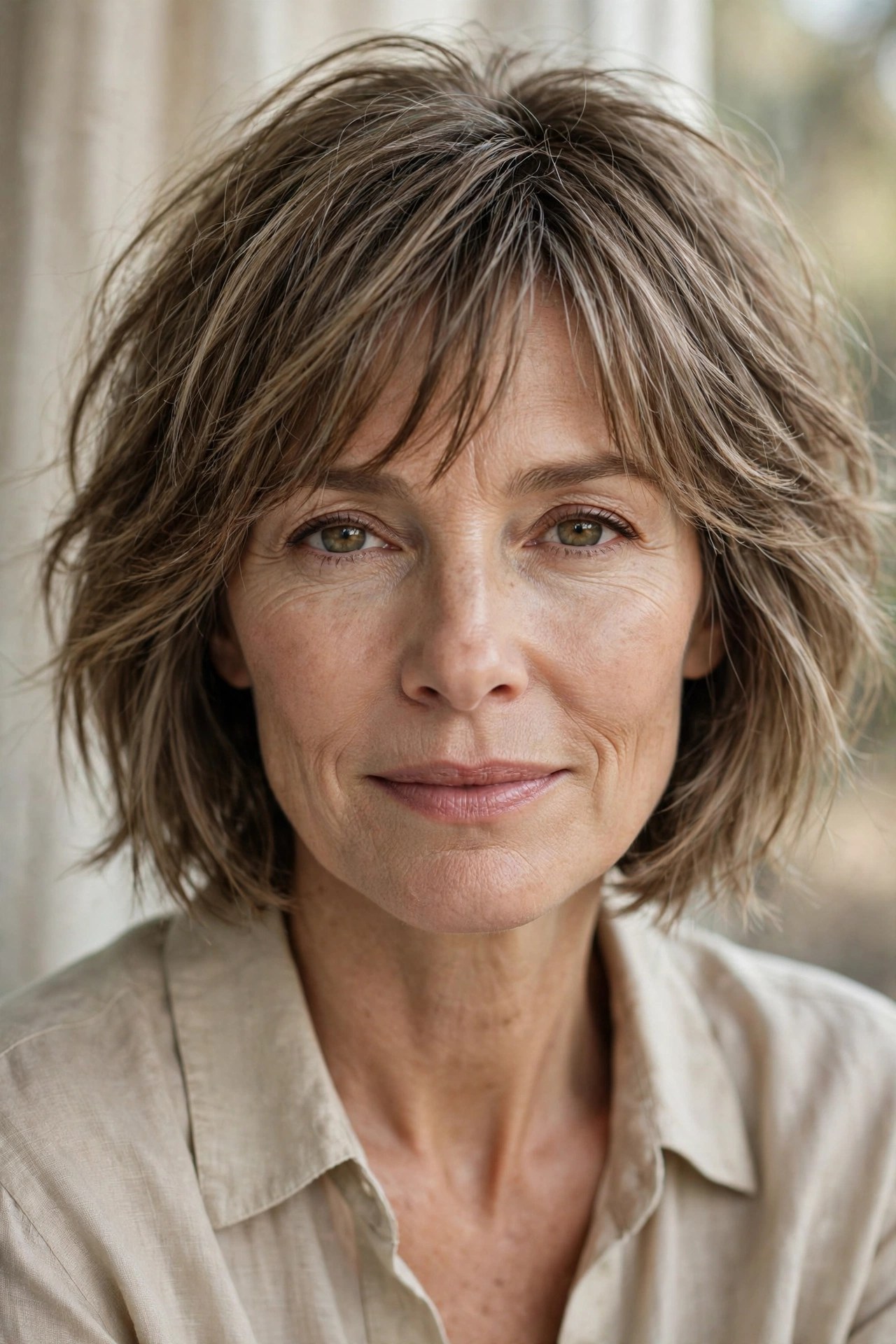 Tousled layered bob with undone natural bangs