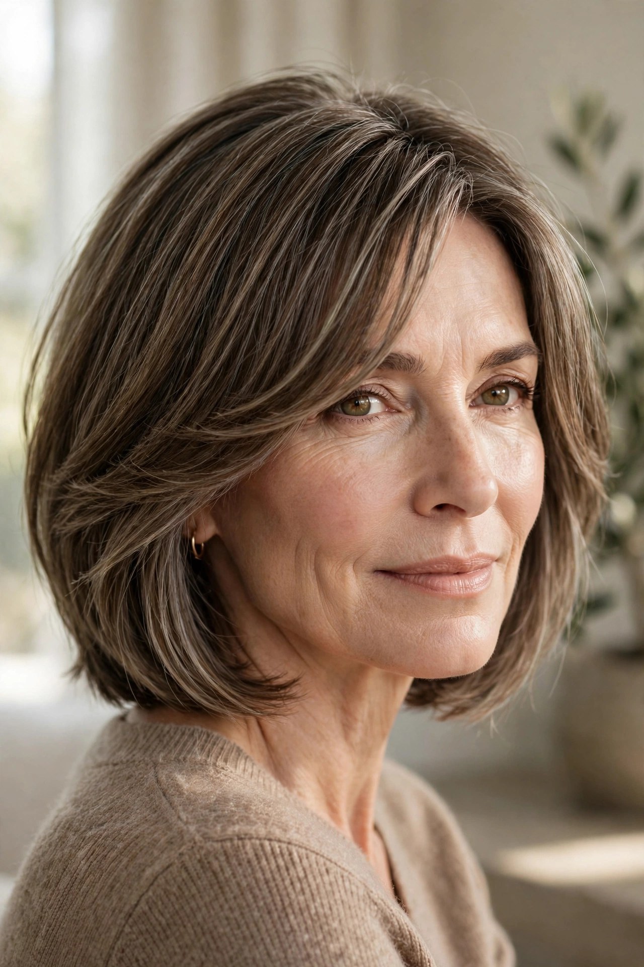Off-center layered bob with long sweeping bangs