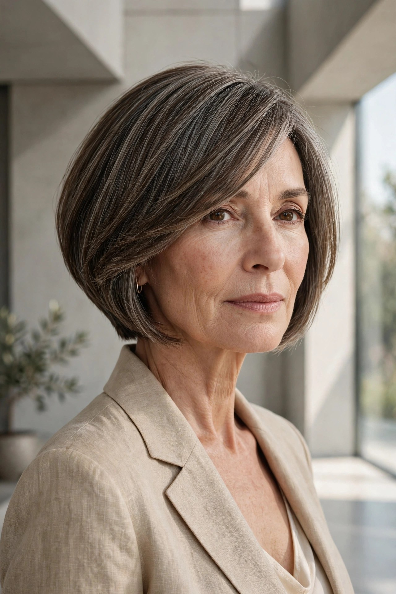 A-line layered bob with angled bangs, clean lines