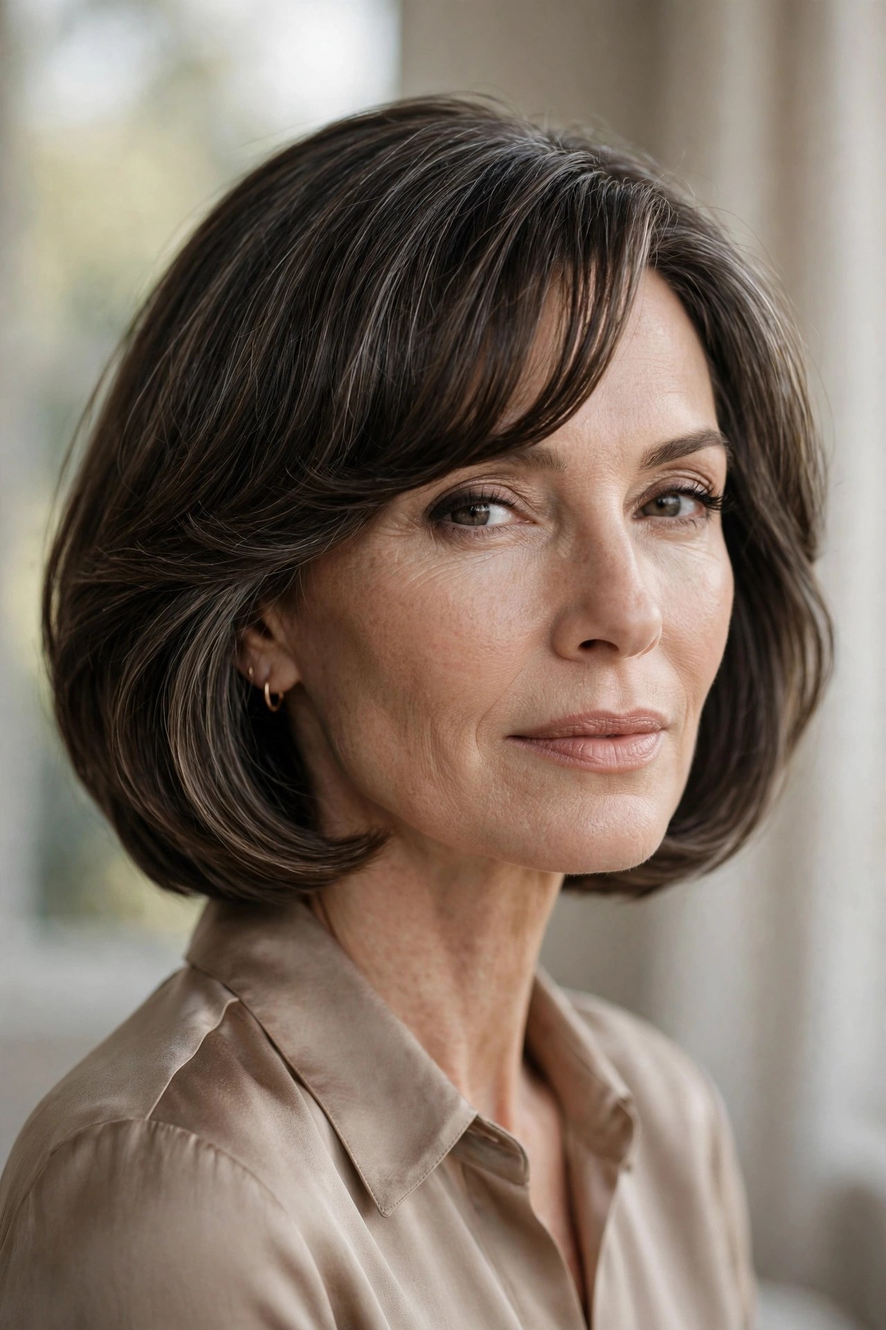 Beveled layered bob with curved-under bangs