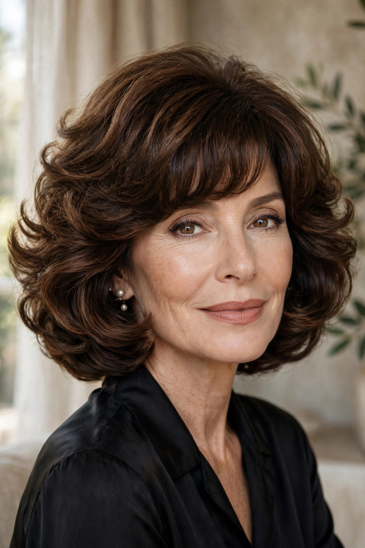 Voluminous Italian layered bob with bouncy bangs