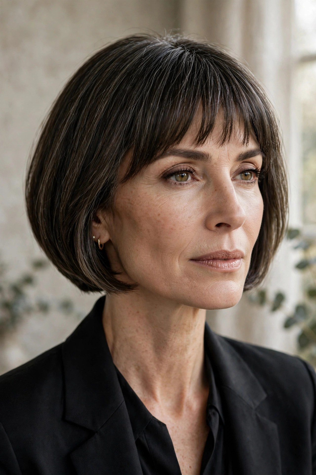 Jaw-length layered bob with short eye-opening bangs