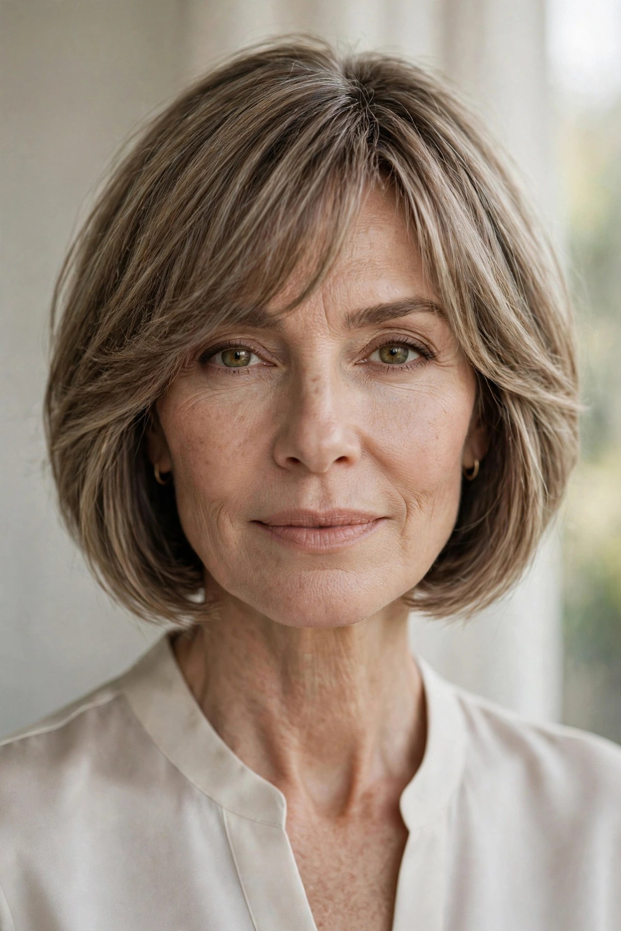 Nape-tapered layered bob with soft blended bangs