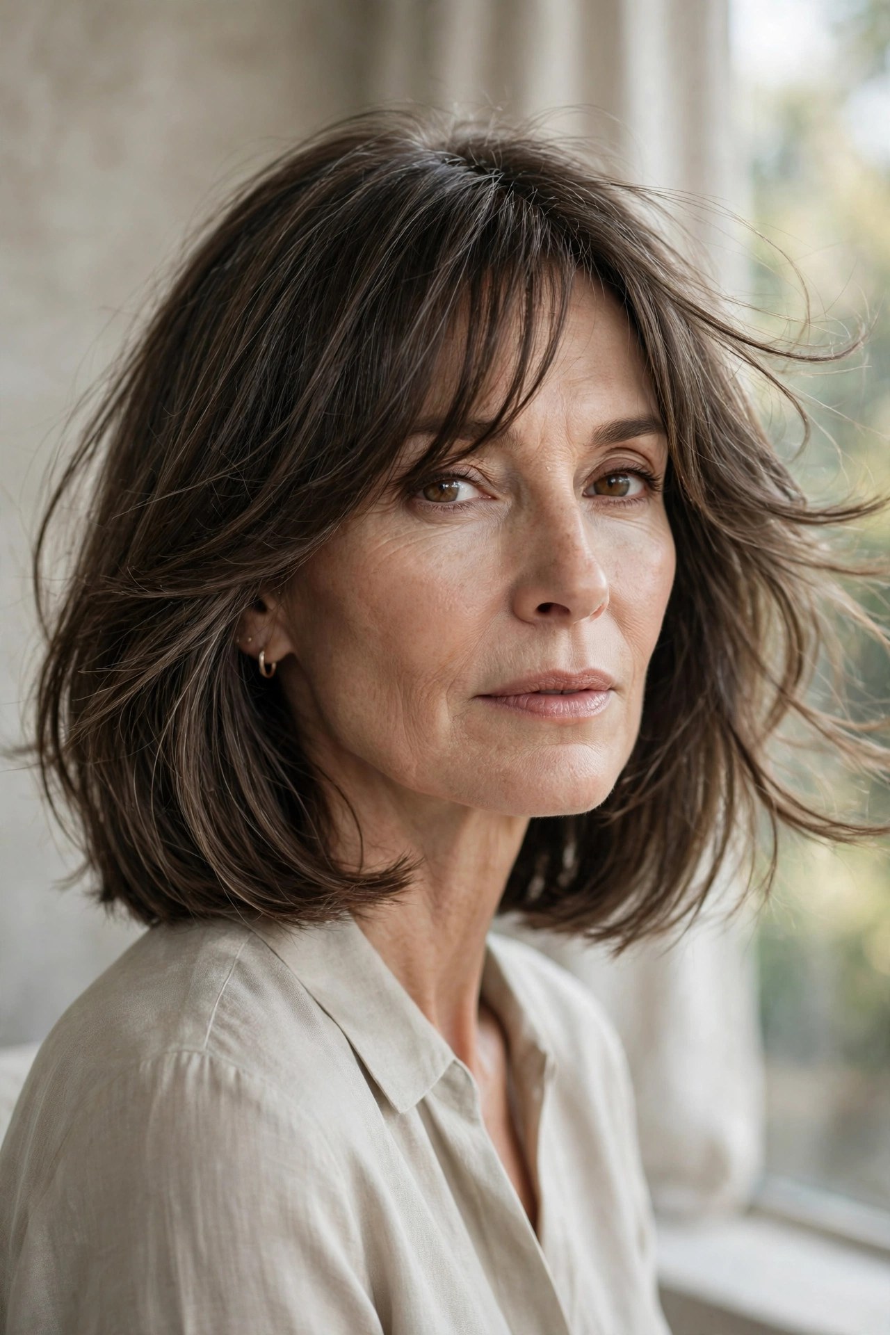 Collarbone-grazing layered bob with long blended bangs