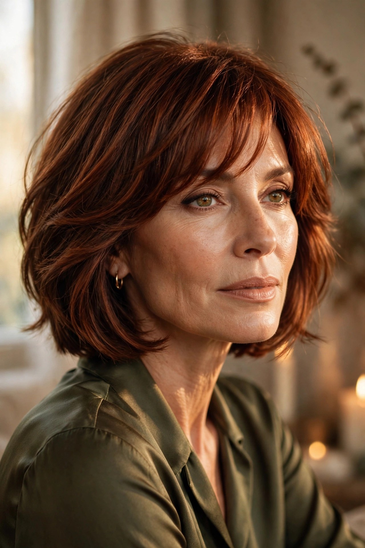 Auburn layered bob with warm-toned bangs