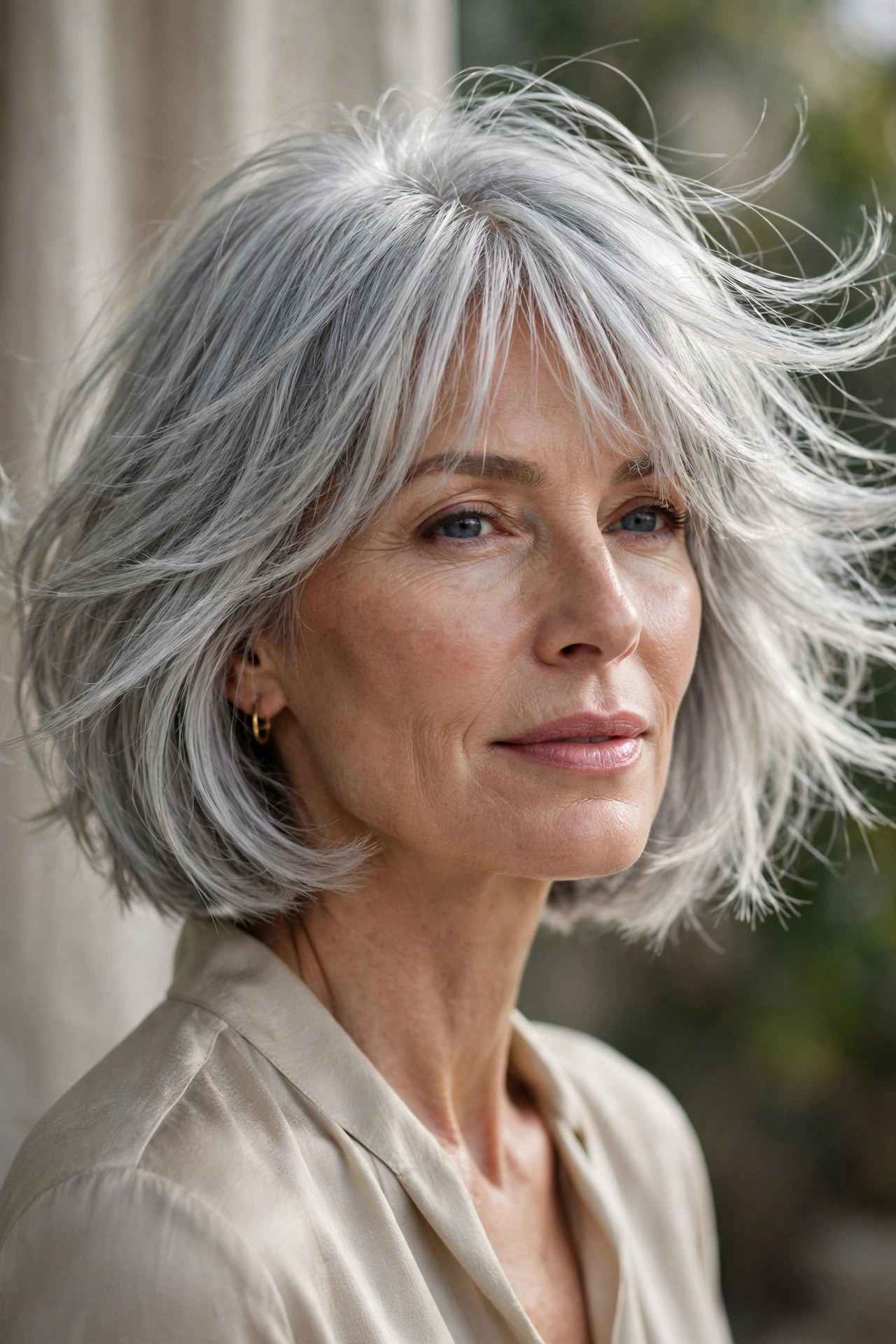 Silver layered bob with airy light gray fringe