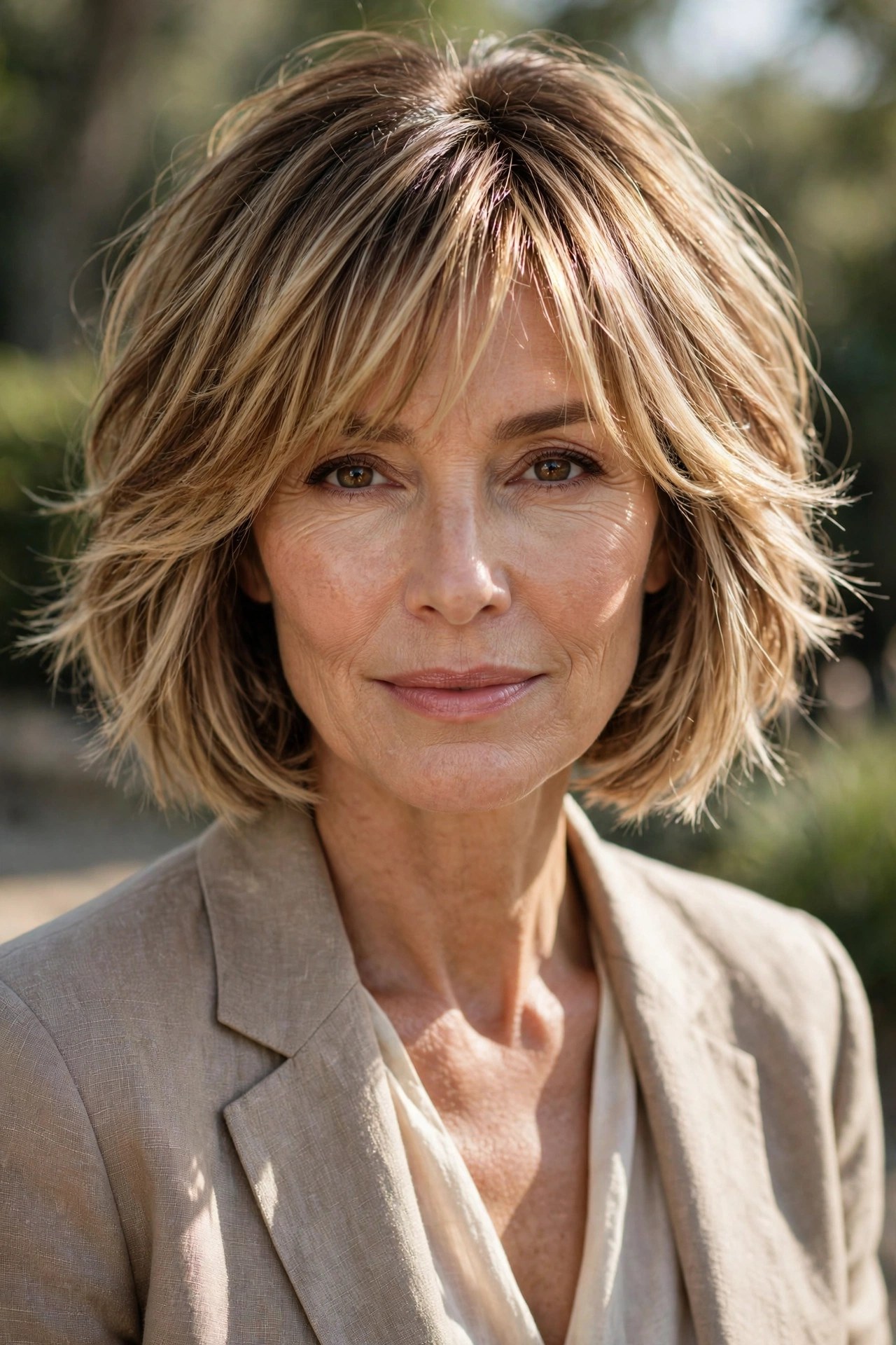 Bronde layered bob with sunlit bangs, dimensional color