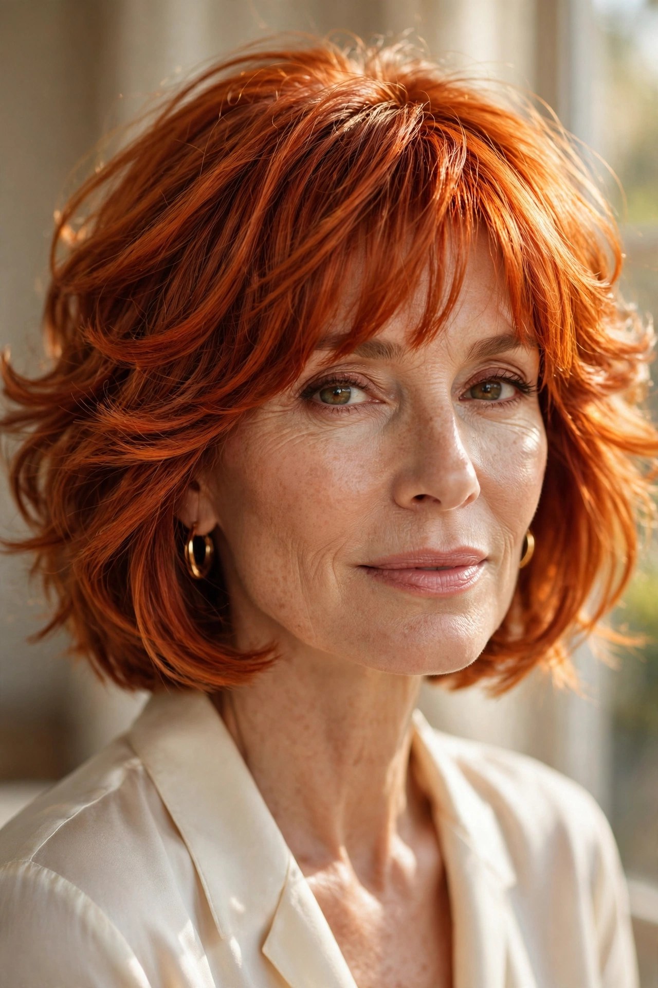 Copper layered bob with fiery bangs, bold color