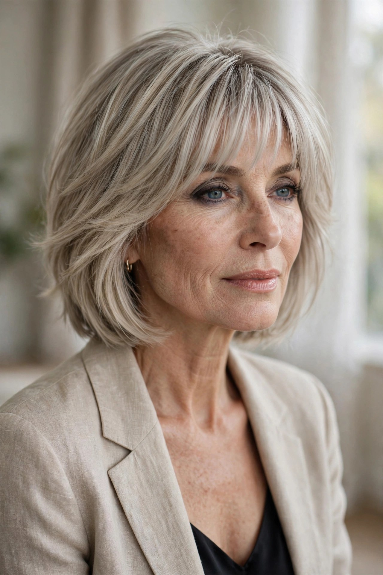 Ash-blonde layered bob with cool-toned bangs