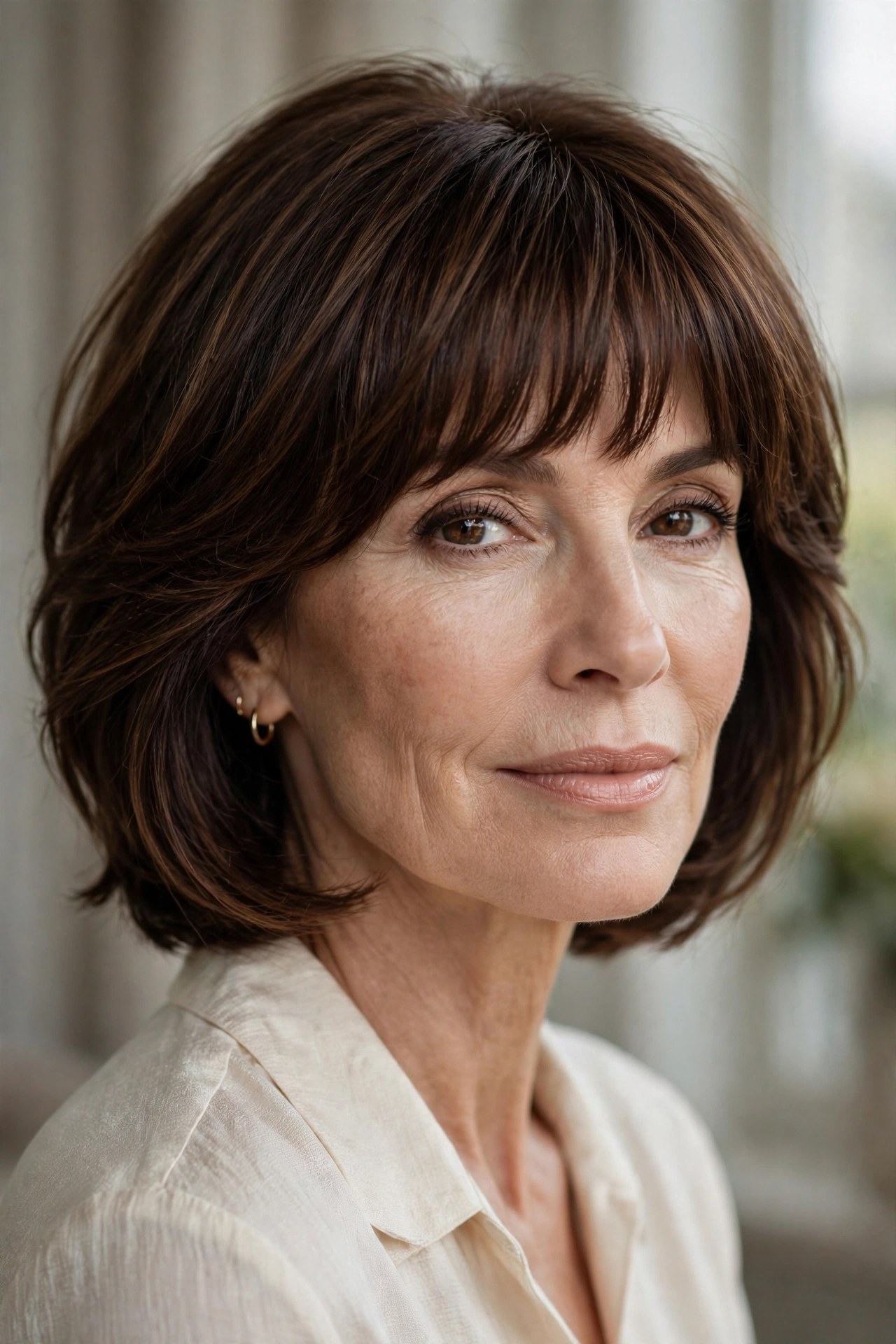 Chocolate layered bob with rich full bangs