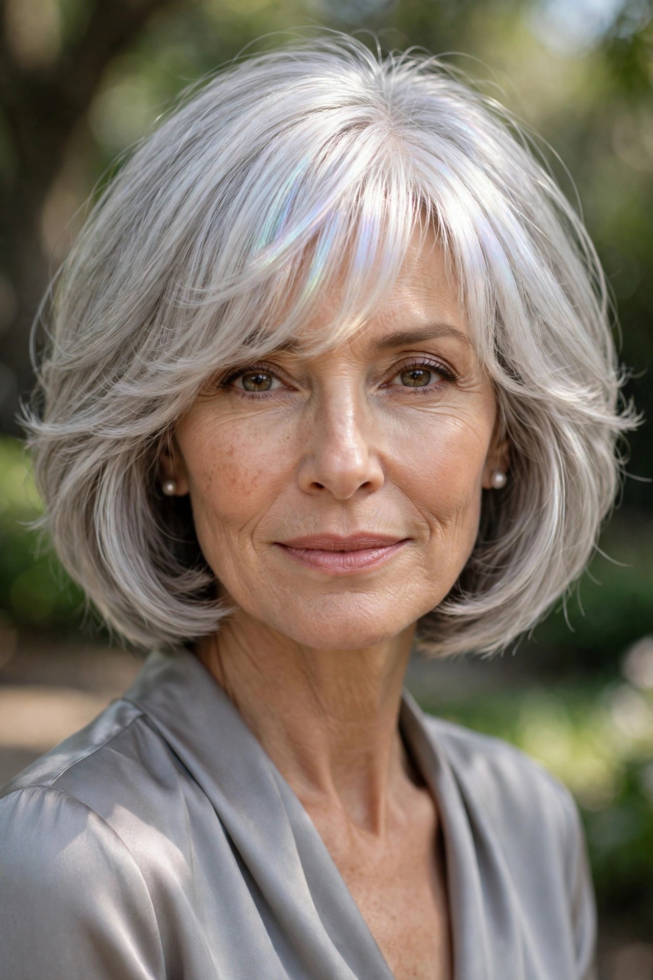Pearl-gray layered bob with luminous glowing bangs
