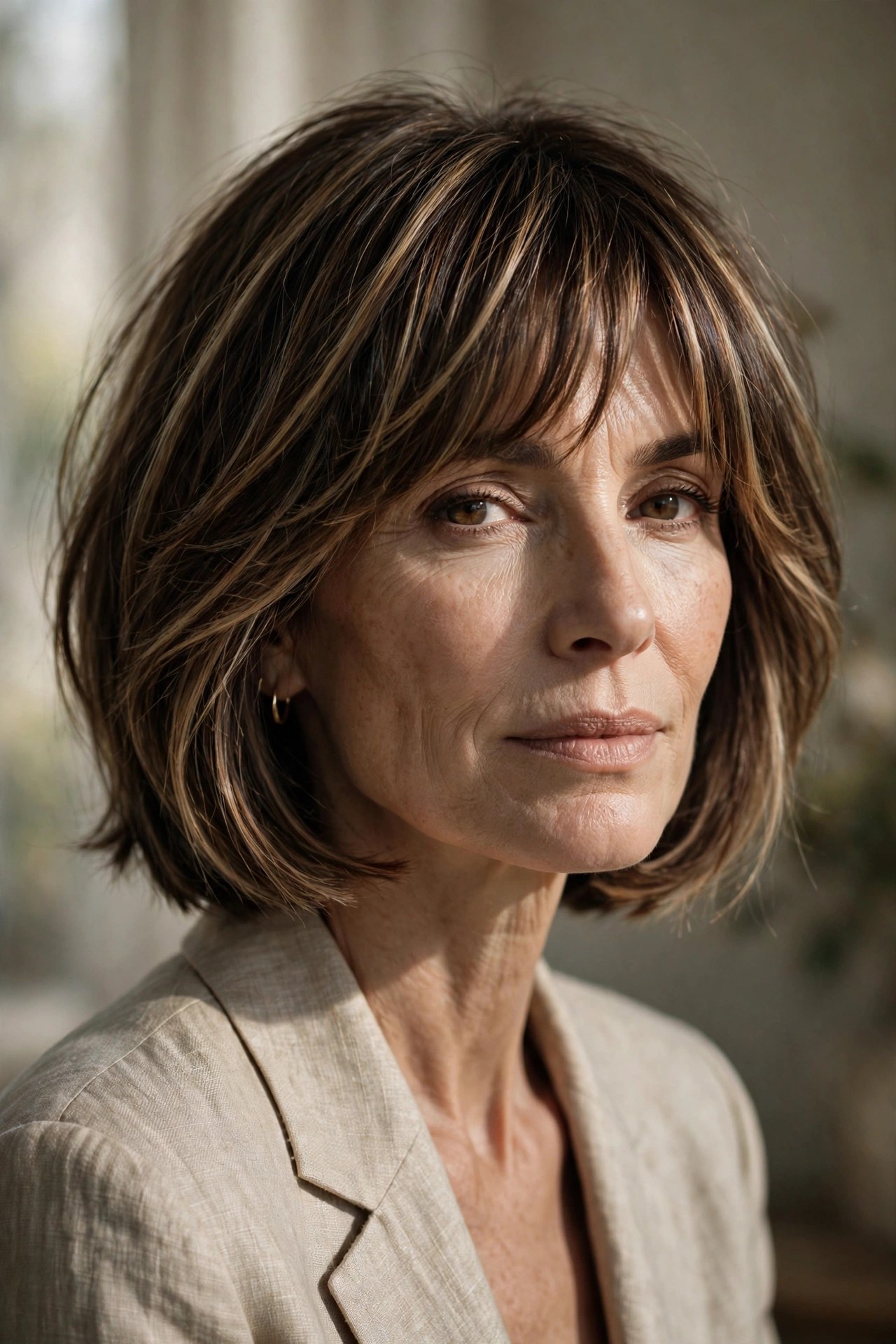 Layered bob with caramel highlight ribbons, dimensional bangs