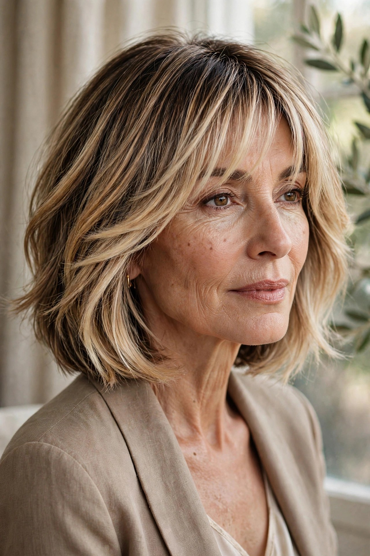 Balayage layered bob with melted bangs