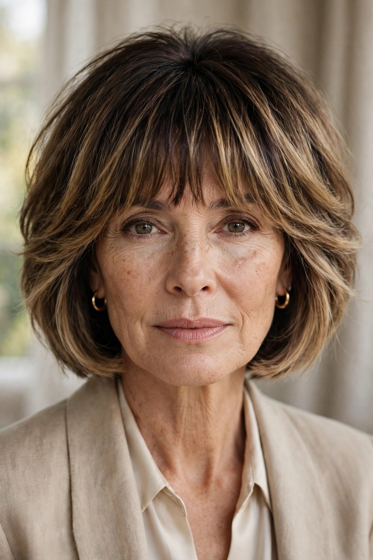 Root-shadow layered bob with depth-adding bangs