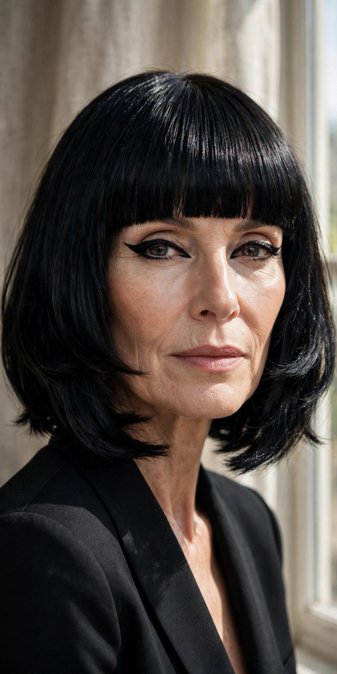 Jet-black layered bob with dramatic full bangs