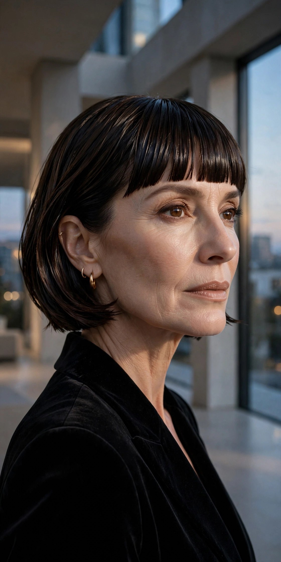 Wet-set layered bob with sculpted bangs, evening glamour