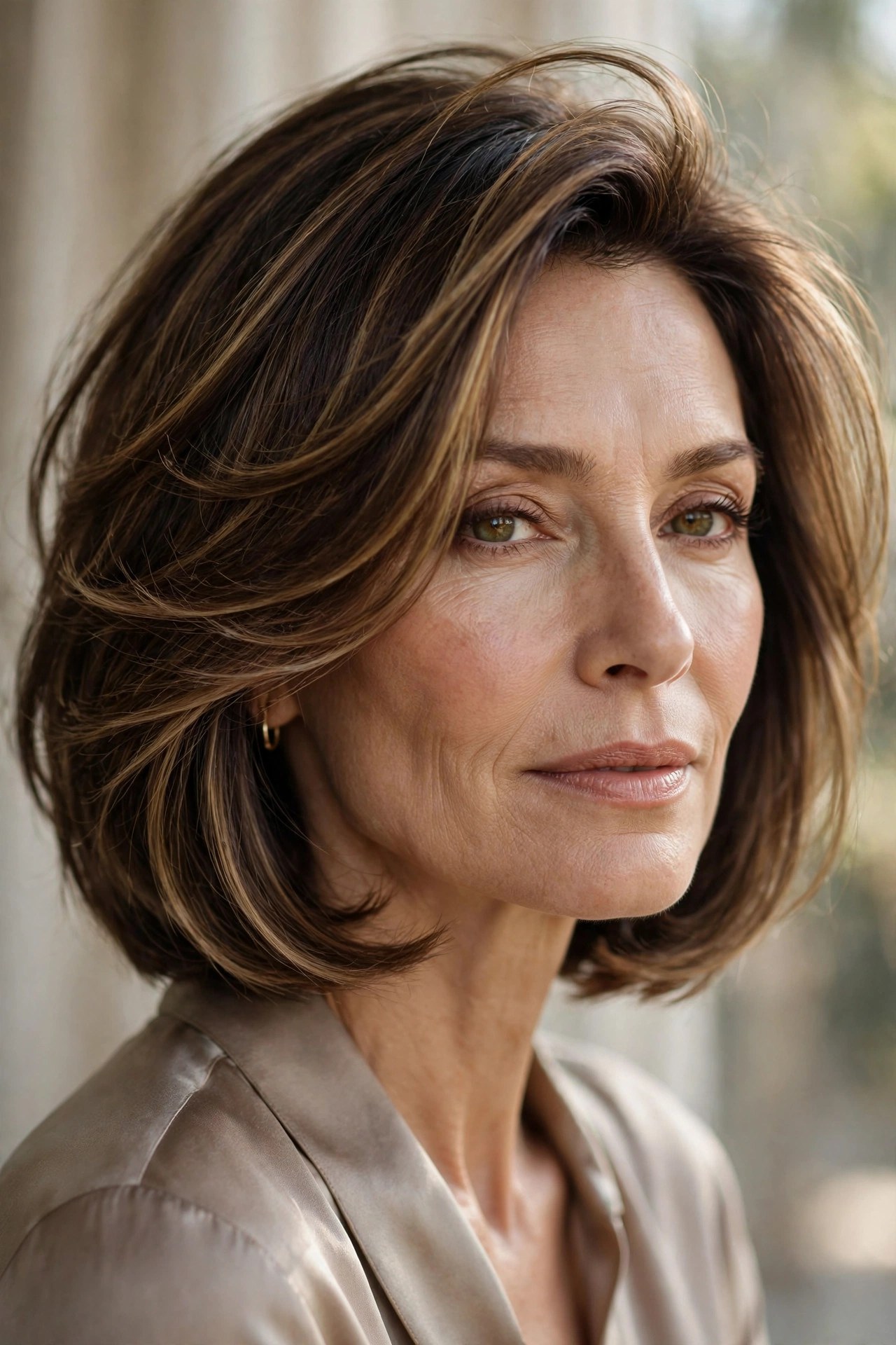 Chin bob with cheekbone-grazing face-framing layers and caramel highlights