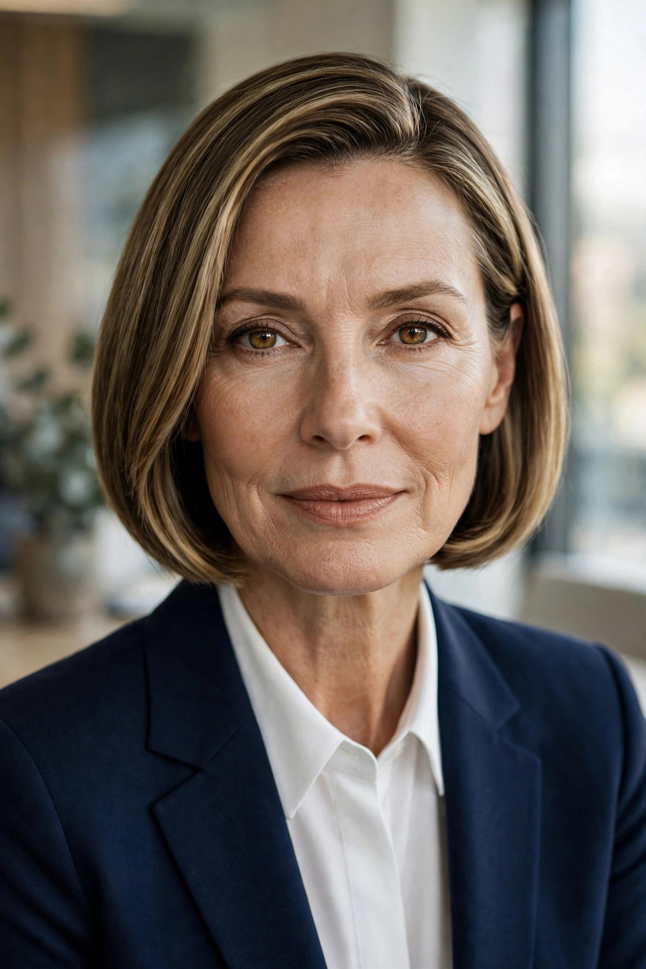 Sleek polished dark blonde chin bob for professional women