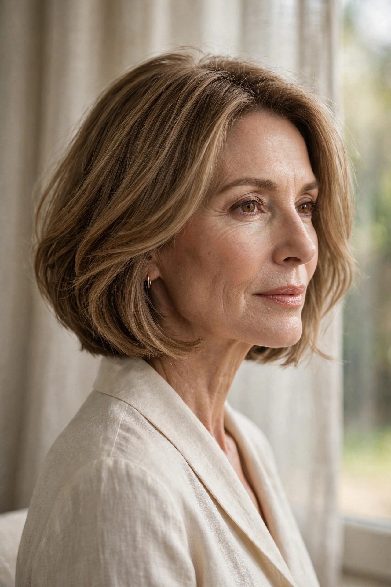 Softly graduated light brown chin bob