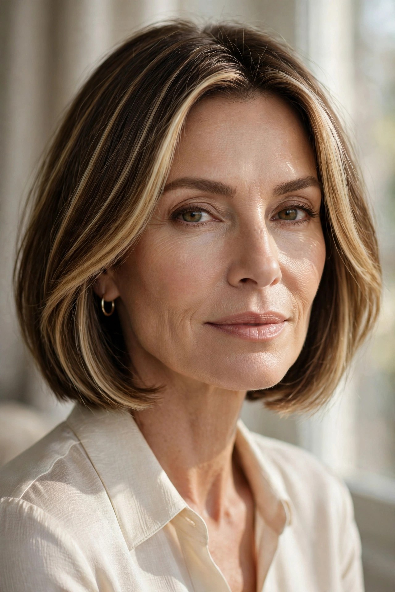 Brunette chin bob with bright face-framing highlights