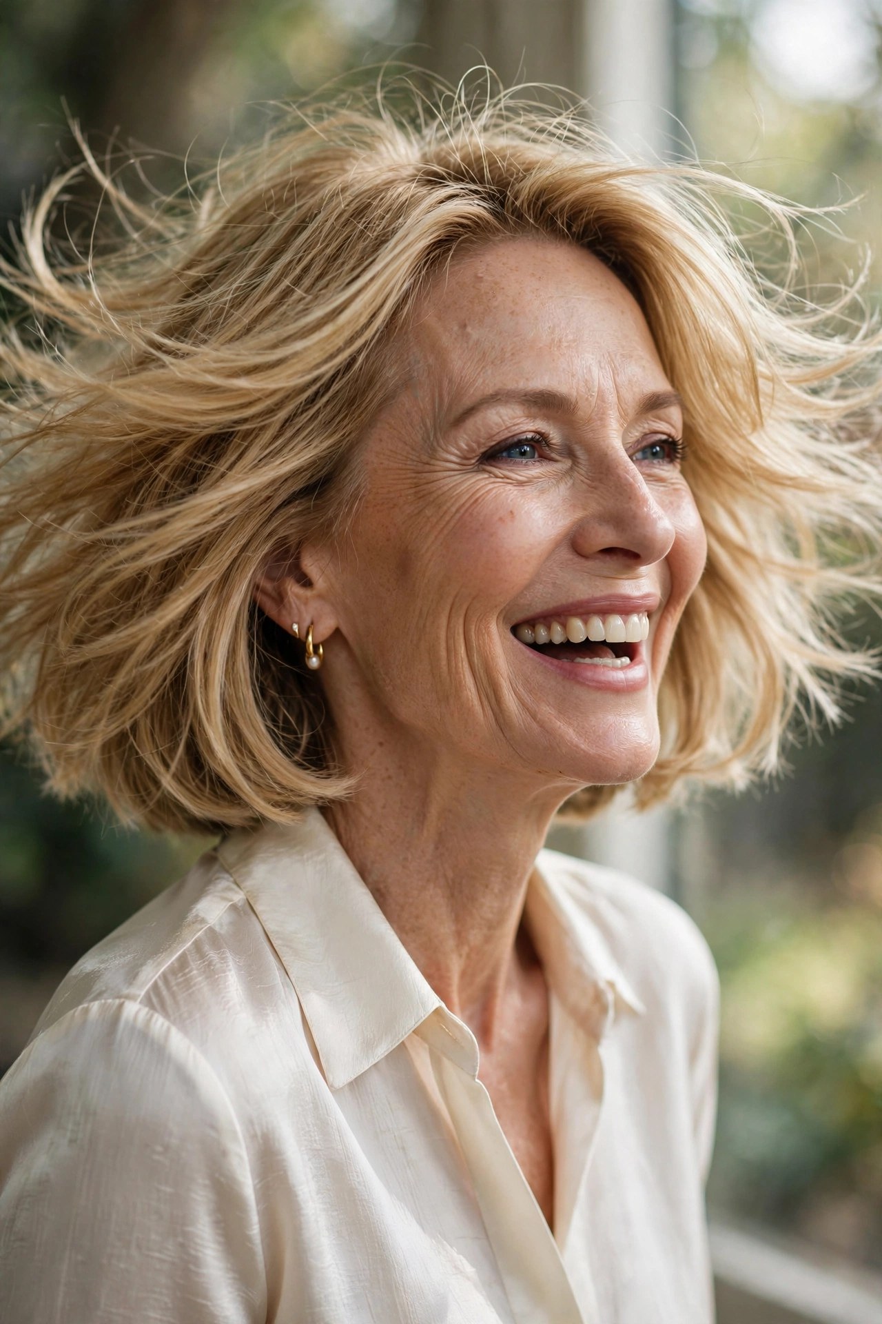 Swingy honey blonde chin bob in motion