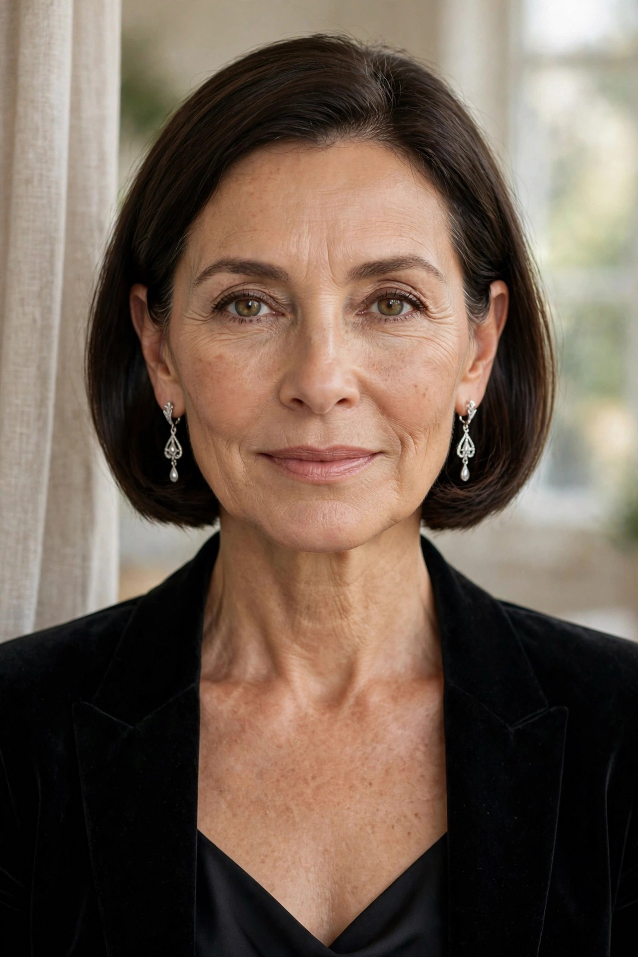 Dark brown chin bob tucked behind ears with silver earrings