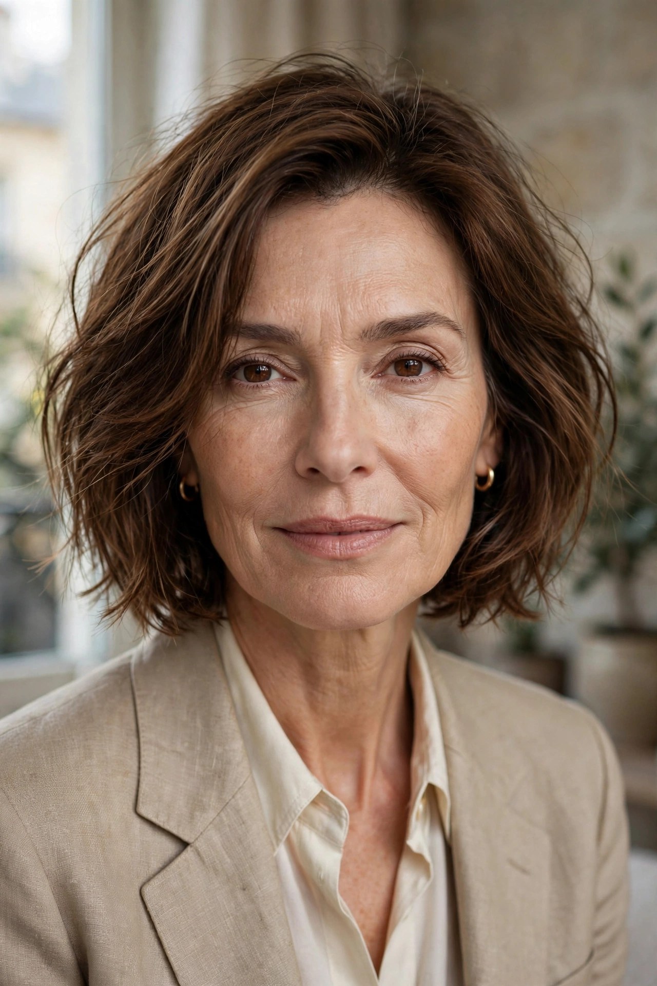 Modern French tousled chin bob in chestnut